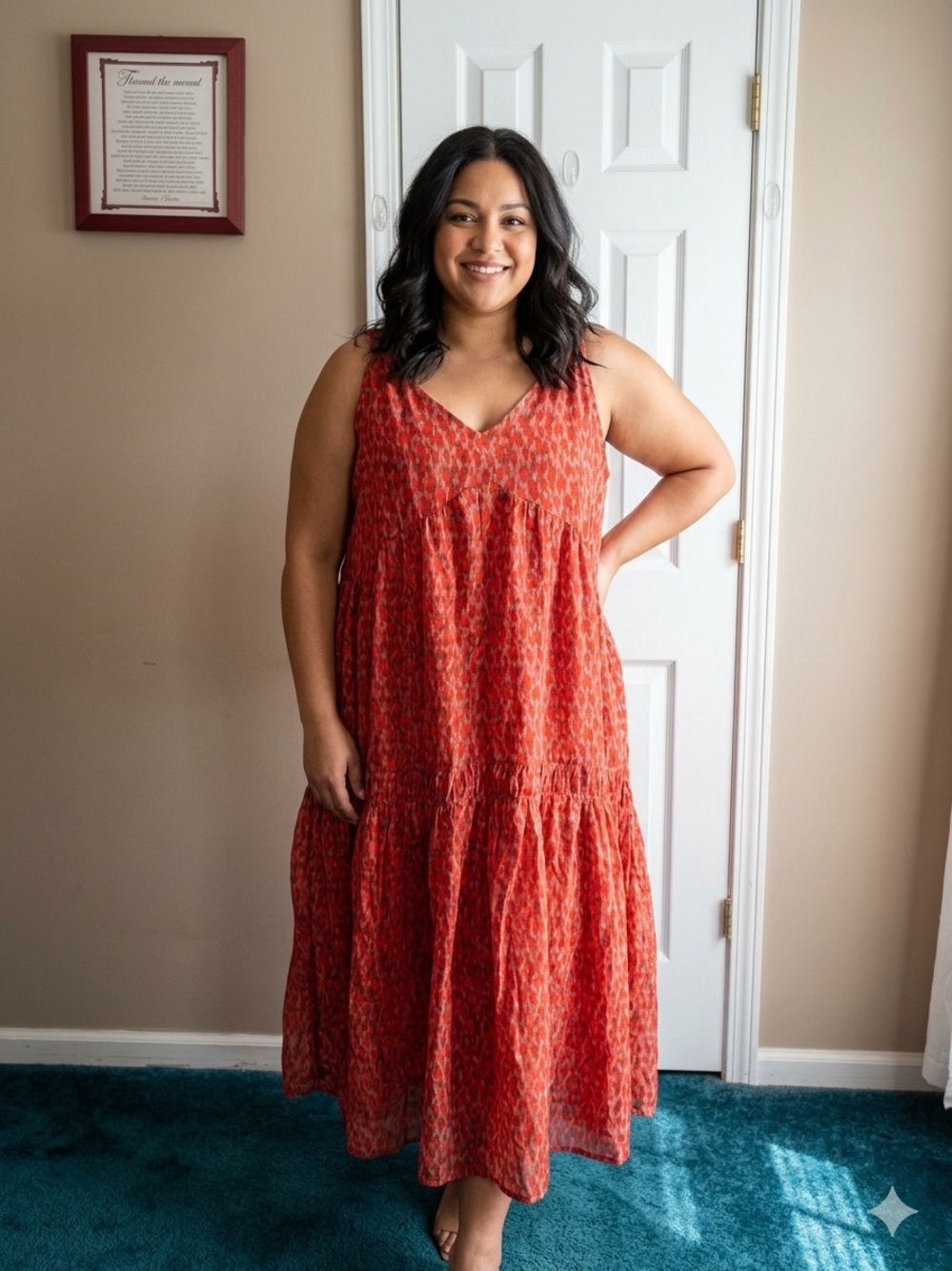 Josie Sun Dress XXL Red-Pink V-Neck Tiered Ruffle Cotton Cottage Core Dress